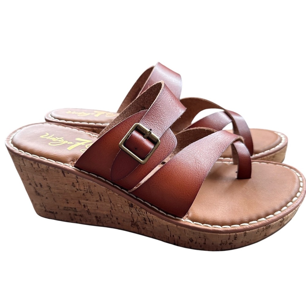 Vintage 7 Eight Wedge Sandals Womens 10 Brown Excellent Cork Platform‎ Toe Loop